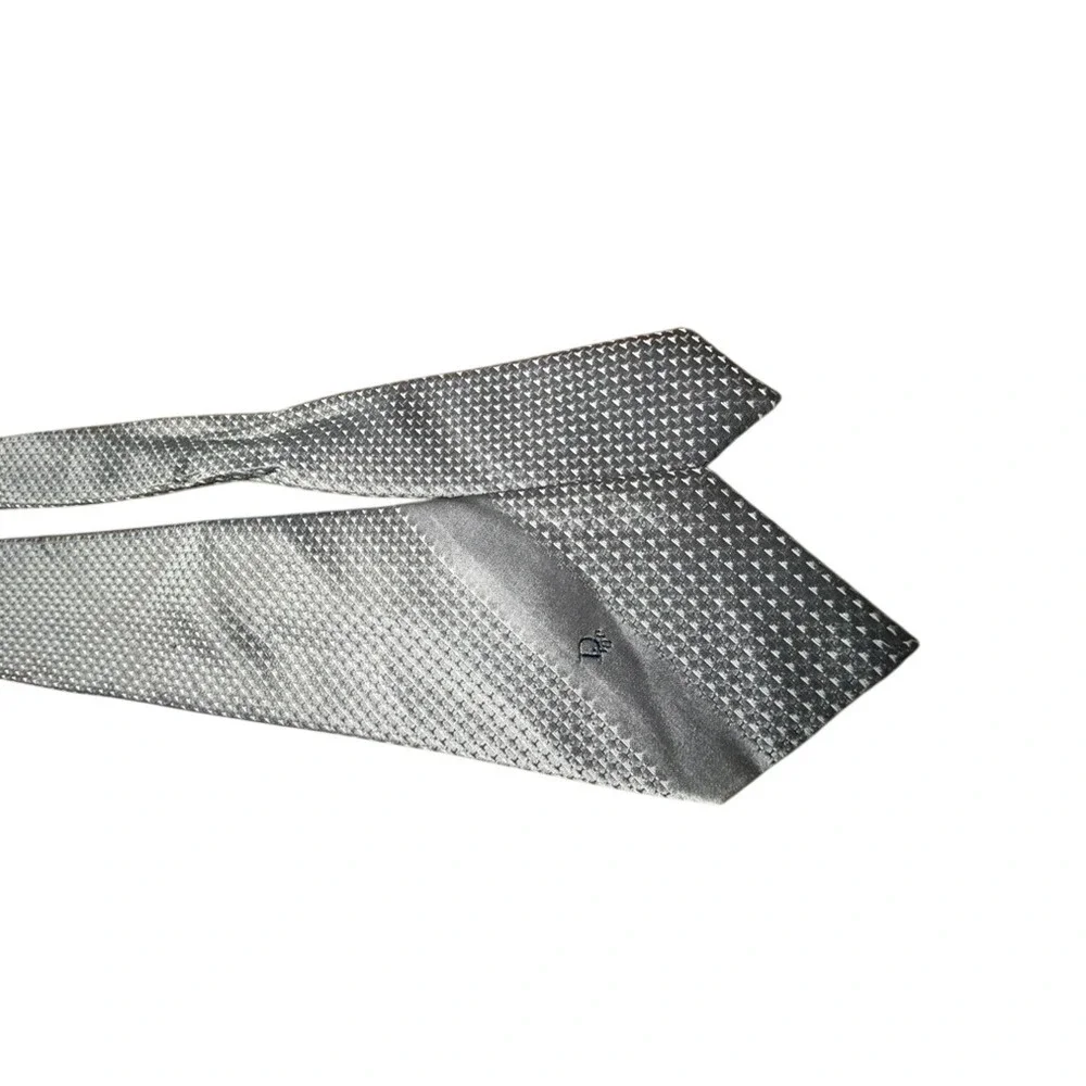 Christian Dior Monsieur Silver Grey Geometric Logo Necktie Silk Look Polyester